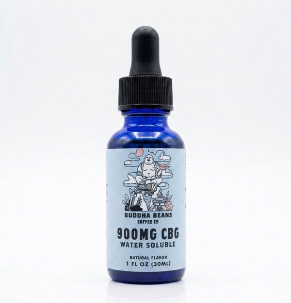 Buddha Beans 900mg CBG water-soluble tincture in a cobalt blue dropper bottle