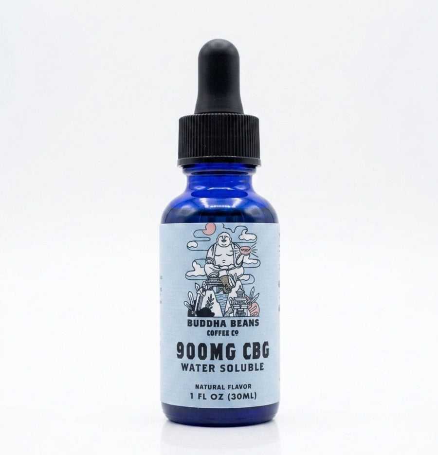 Buddha Beans 900mg CBG water-soluble tincture in a cobalt blue dropper bottle