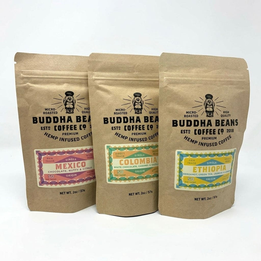 Three or Five Coffee Flight - Organic Mexico/Colombia/Ethiopia - Buddha Beans CBD Coffee