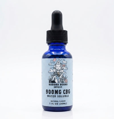 Buddha Beans 900mg CBG water-soluble tincture in a cobalt blue dropper bottle