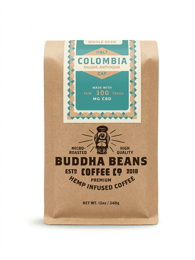 Half Caf Colombia CBD Coffee blend 300mg broad spectrum low caffeine - Buddha Beans