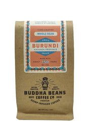 Bag of organic Burundi CBD coffee beans from Buddha Beans Coffee, offering rich berry flavors