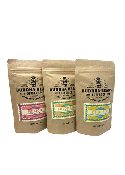 Sample pack of CBD coffee from Buddha Beans Coffee, featuring small bags of various CBD coffee blend