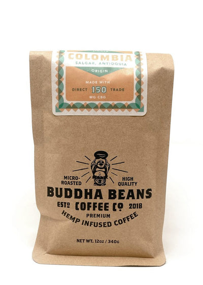 Bag of smooth and balanced Colombia CBD coffee beans from Buddha Beans Coffee