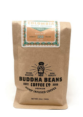 Bag of smooth and balanced Colombia CBD coffee beans from Buddha Beans Coffee