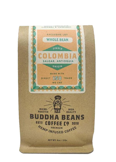 Bag of smooth and balanced Colombia CBD coffee beans from Buddha Beans Coffee