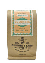 Bag of smooth and balanced Colombia CBD coffee beans from Buddha Beans Coffee