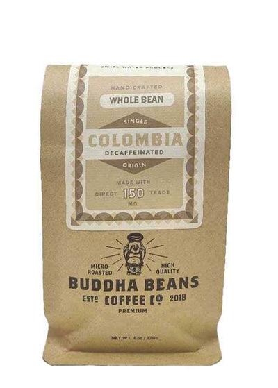 Bag of decaffeinated Colombia CBD coffee beans from Buddha Beans Coffee, offering smooth and balanced flavors without caffeine