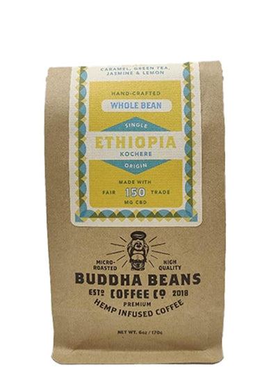 Bag of premium Ethiopia CBD coffee beans from Buddha Beans Coffee, known for their floral notes