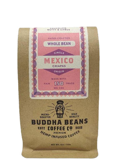 Bag of robust Mexico CBD coffee beans from Buddha Beans Coffee, with hints of chocolate and nut